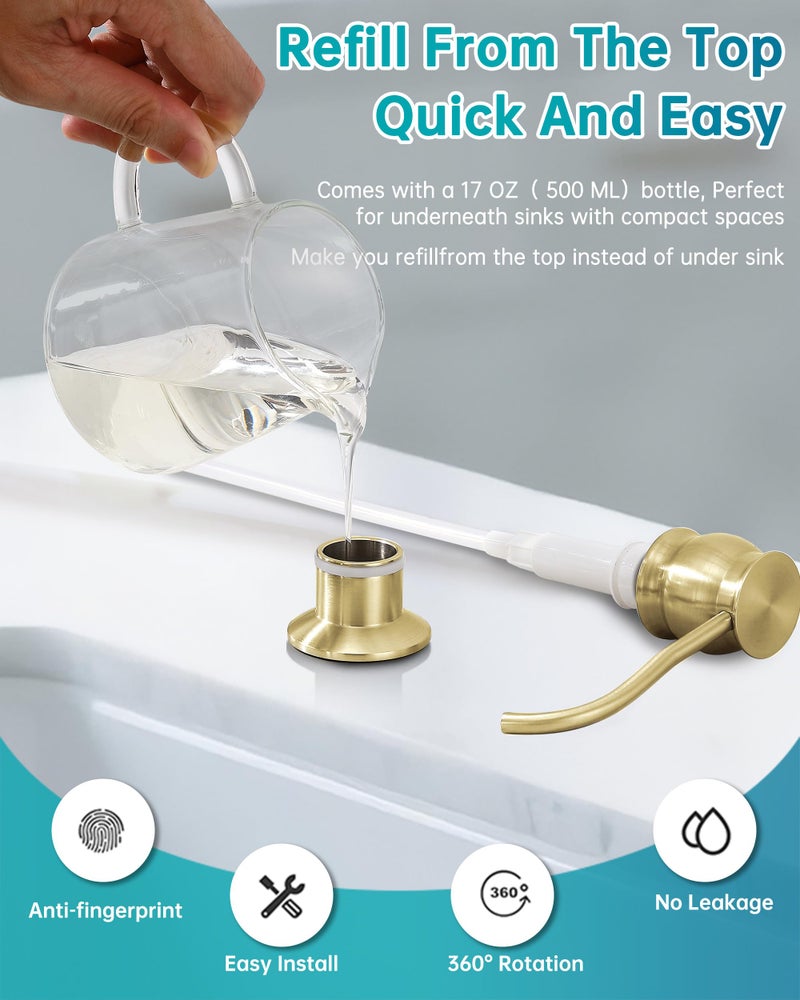 GICASA Built in Deck Mount Liquid Lotion Kitchen Countertop Metal Soap Dispenser, Brushed Nickel Brass Dispenser Pump with 500ml (17oz) High Capacity Bottle - Image 4